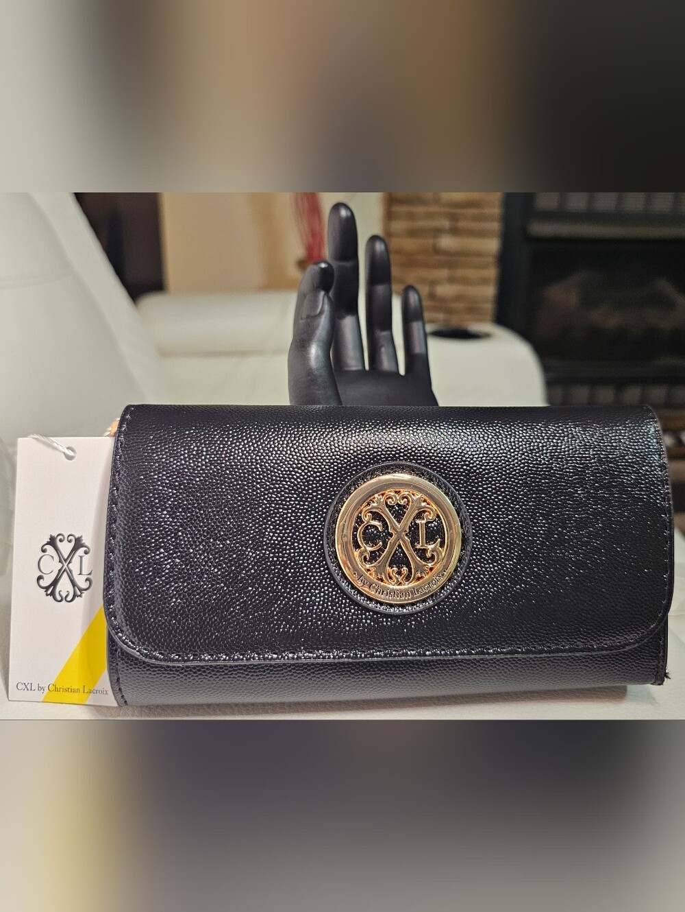 Christian Lacroix Black Textured Clutch with Gold Medallion